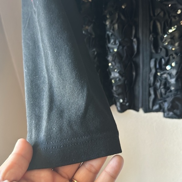 LISA ASHLEY Black Ribbon Sequin Zip Front Cardigan - Picture 6 of 7